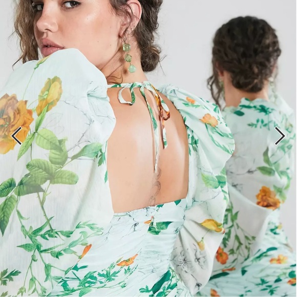 ASOS EDITION Curve ruched mini dress with puff sleeves in green floral print - Picture 2 of 11
